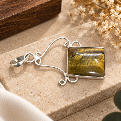 Golden Tiger Eye Pendant Boho Vintage Silver Tone Jewelry PEN452-SLV-NTE01