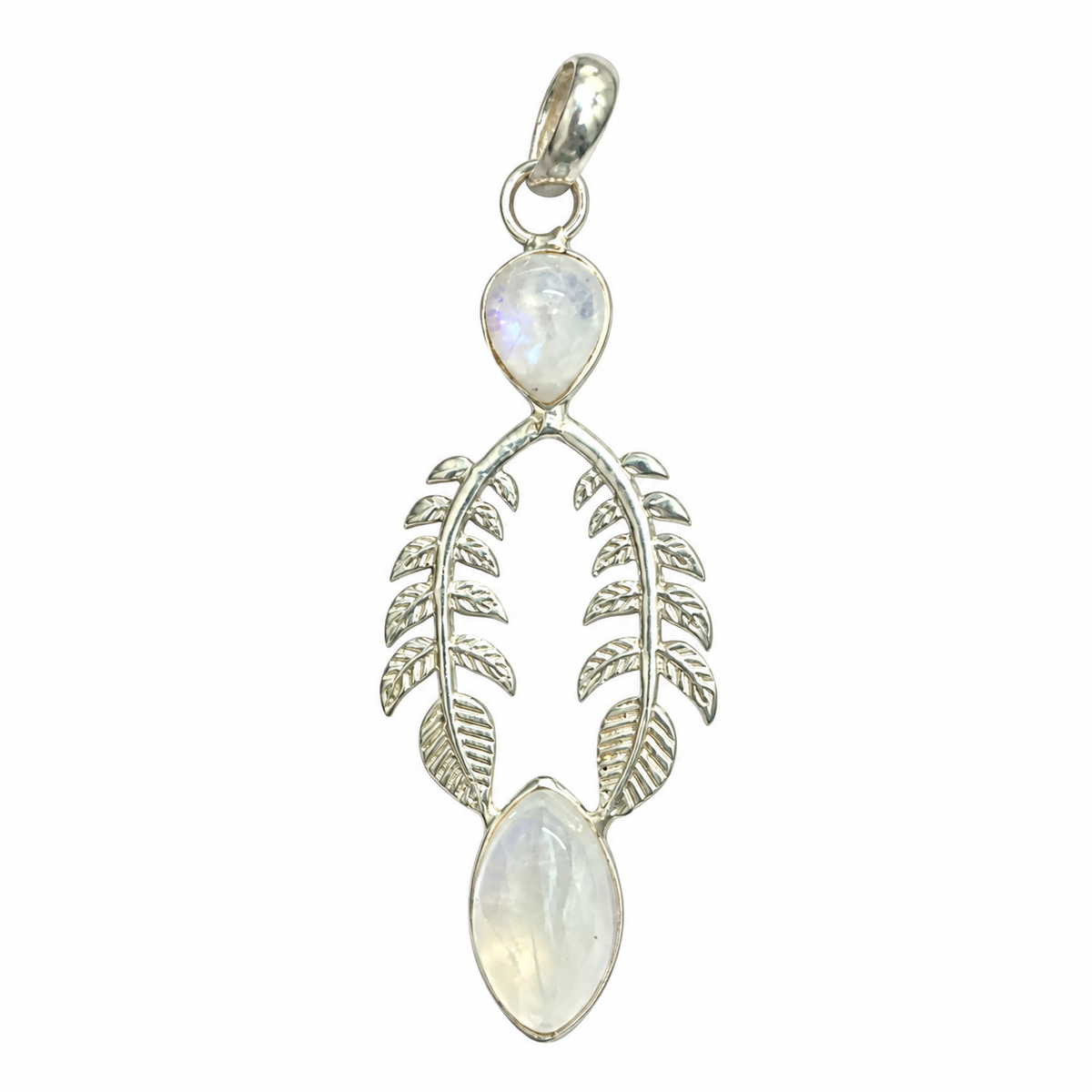 Rainbow Moonstone Leaf Pendant Boho Nature Silver Jewelry PEN453-SLV-NMS02