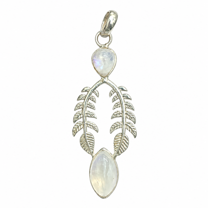 Rainbow Moonstone Leaf Pendant Boho Nature Silver Jewelry PEN453-SLV-NMS02