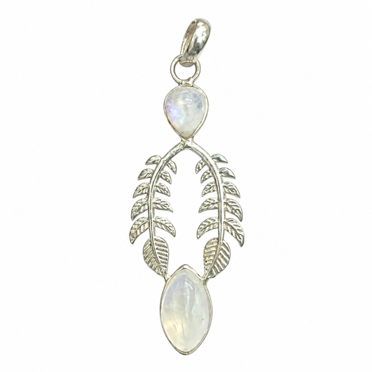Rainbow Moonstone Leaf Pendant Boho Nature Silver Jewelry PEN453-SLV-NMS02