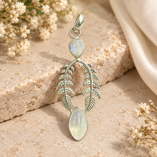 Rainbow Moonstone Leaf Pendant Boho Nature Silver Jewelry PEN453-SLV-NMS02