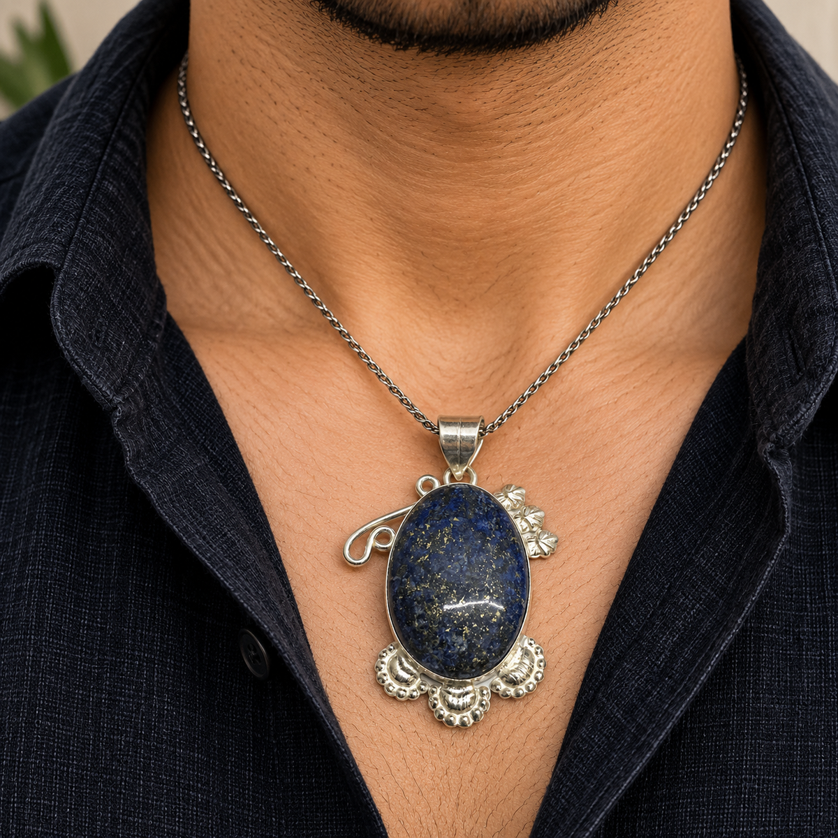 Lapis Lazuli Pendant Boho Vintage Statement Silver Jewelry PEN455-SLV-NLLZ01