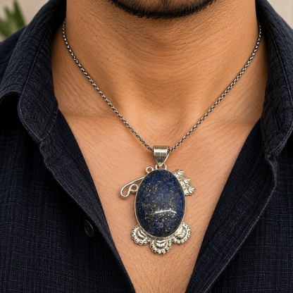 Lapis Lazuli Pendant Boho Vintage Statement Silver Jewelry PEN455-SLV-NLLZ01