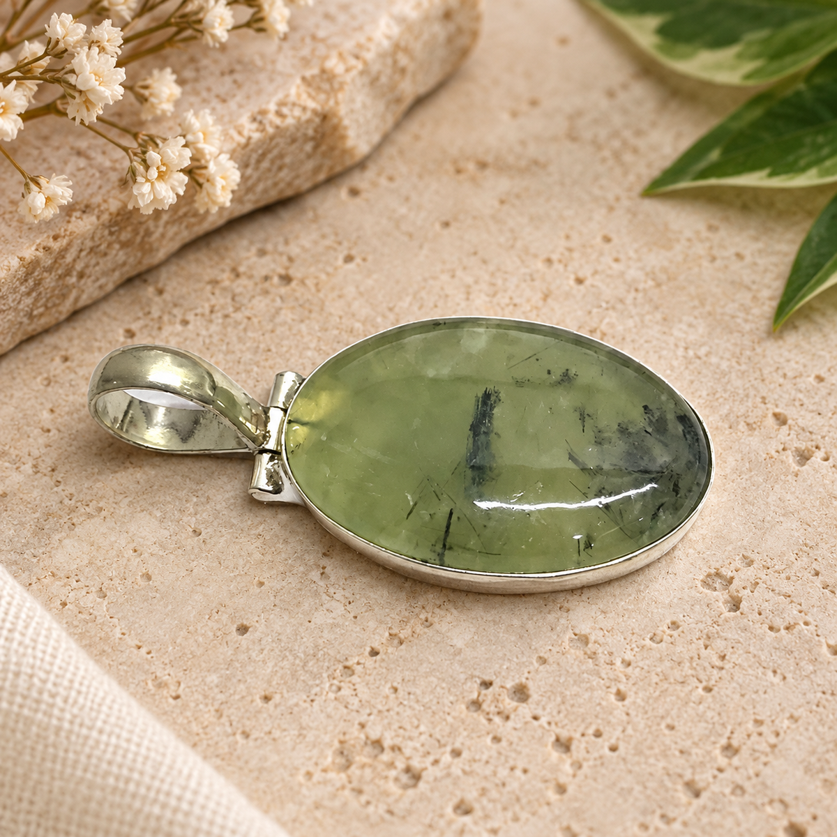 Prehnite Black Tourmaline Pendant Boho Silver Tone Jewelry PEN461-SLV-NPR01