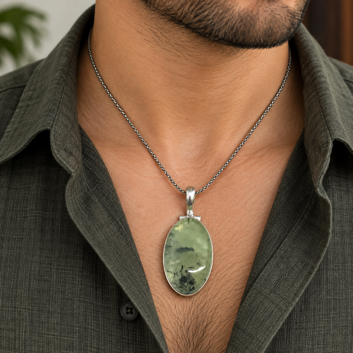 Prehnite Black Tourmaline Pendant Boho Silver Tone Jewelry PEN461-SLV-NPR01