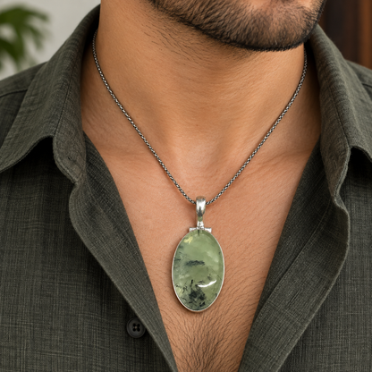 Prehnite Black Tourmaline Pendant Boho Silver Tone Jewelry PEN461-SLV-NPR01