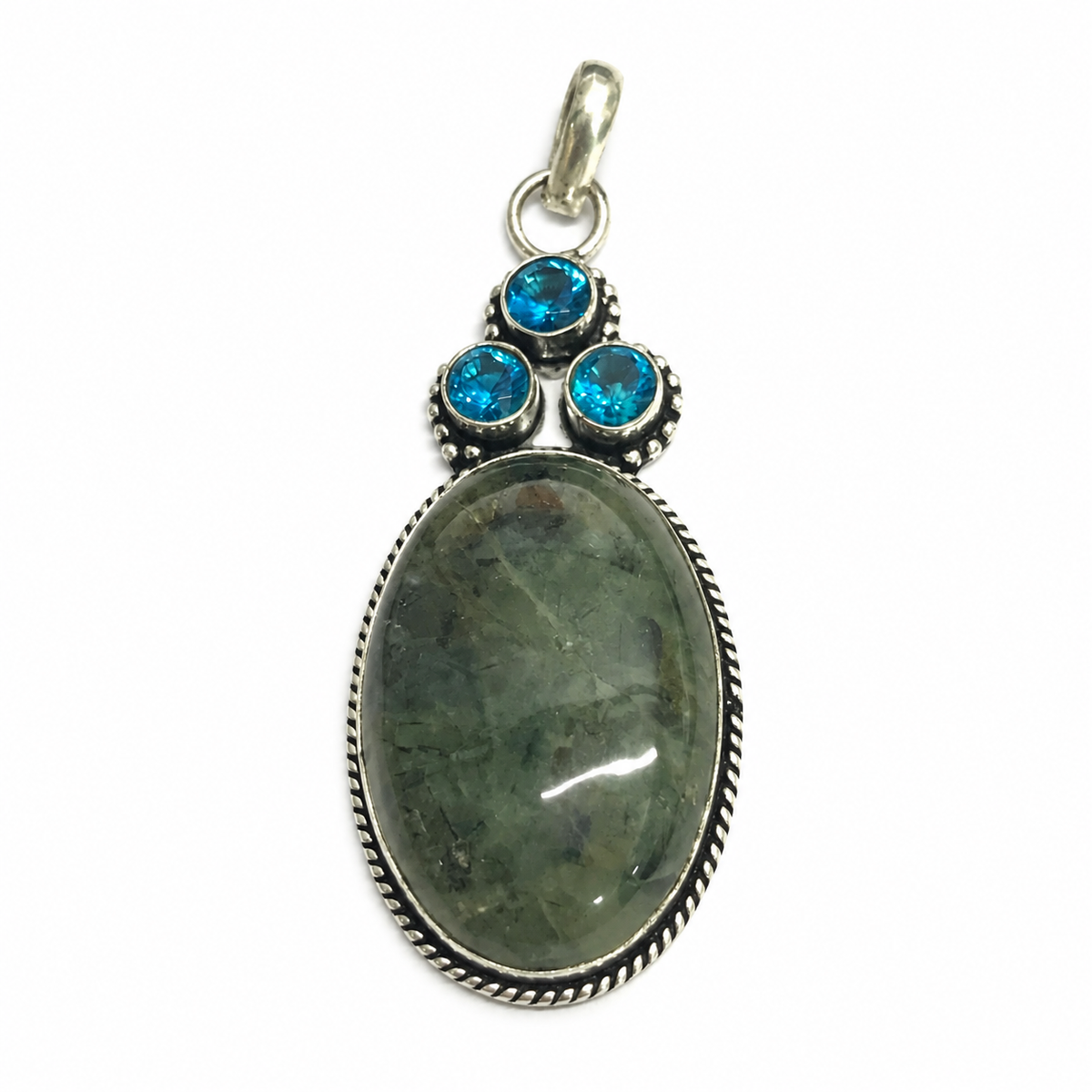 Moss Agate Blue Topaz Pendant Boho Silver Tone Jewelry PEN466-SLV-LBT-NMAG04