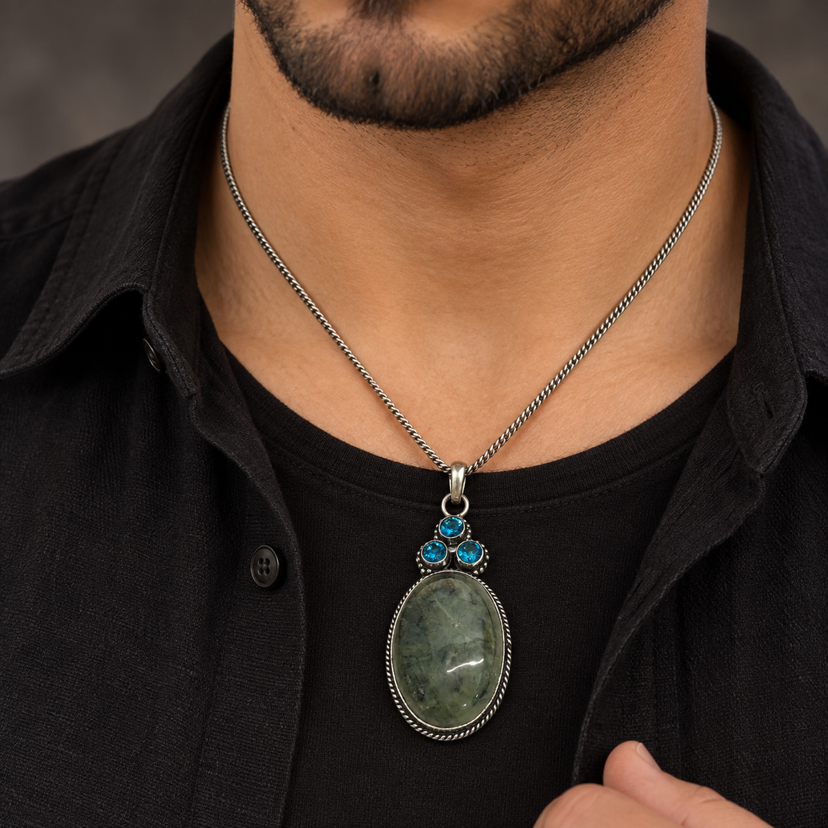 Moss Agate Blue Topaz Pendant Boho Silver Tone Jewelry PEN466-SLV-LBT-NMAG04