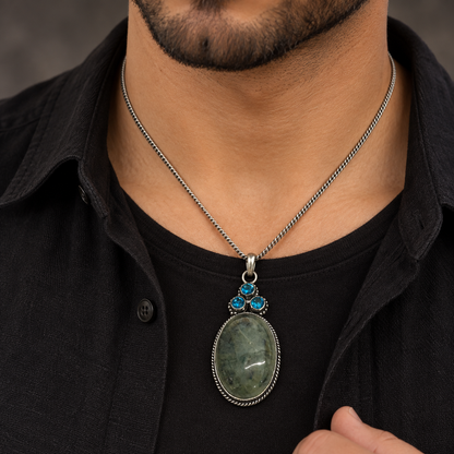 Moss Agate Blue Topaz Pendant Boho Silver Tone Jewelry PEN466-SLV-LBT-NMAG04