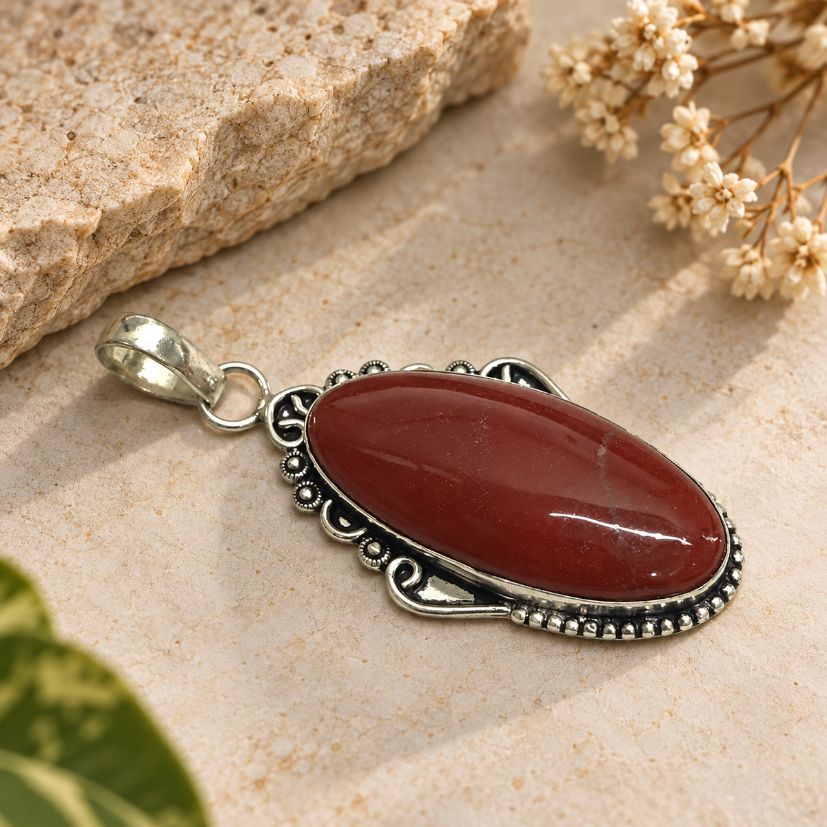 Red Jasper Pendant Natural Stone Boho Vintage Silver Tone PEN470-SLV-RJR01