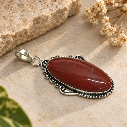 Red Jasper Pendant Natural Stone Boho Vintage Silver Tone PEN470-SLV-RJR01