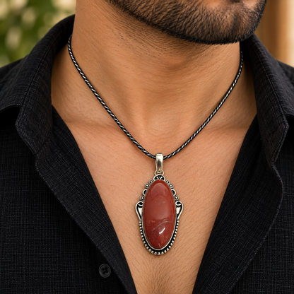 Red Jasper Pendant Natural Stone Boho Vintage Silver Tone PEN470-SLV-RJR01