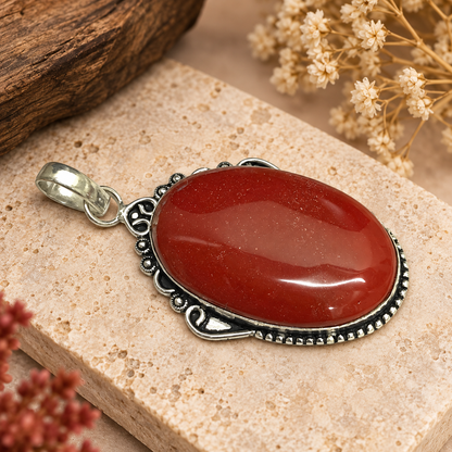 Red Jasper Pendant Natural Stone Vintage Silver Tone PEN471-SLV-RJR01
