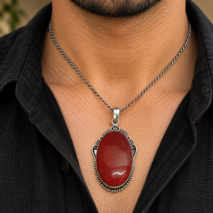 Red Jasper Pendant Natural Stone Vintage Silver Tone PEN471-SLV-RJR01