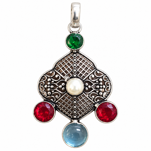 Multicolor Gemstone Pendant Boho Statement Jewelry PEN472-SLV-LMUL05