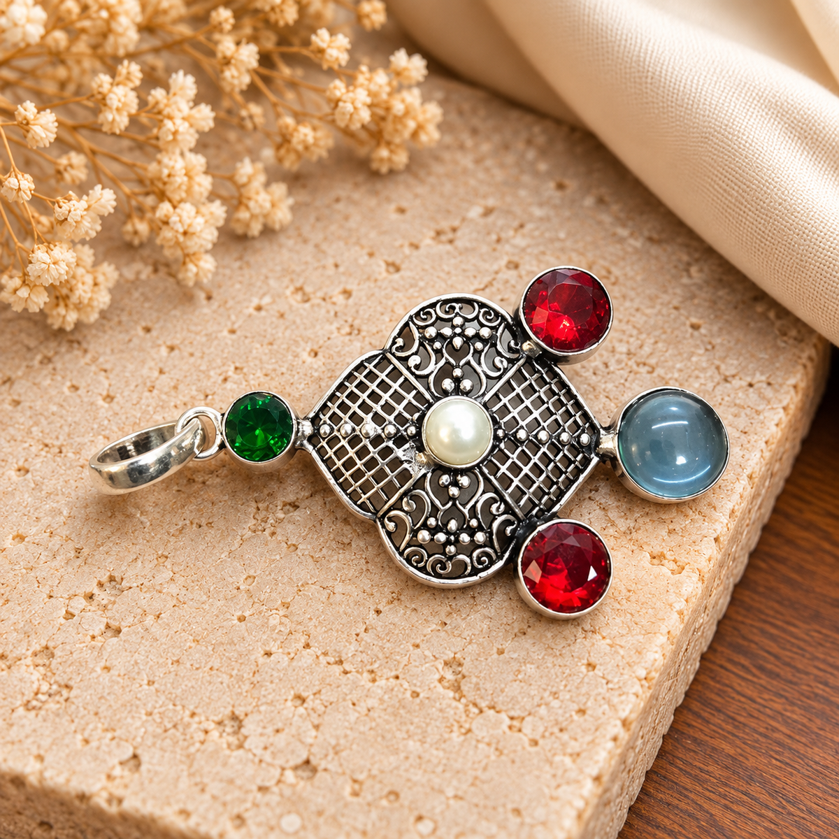 Multicolor Gemstone Pendant Boho Statement Jewelry PEN472-SLV-LMUL05
