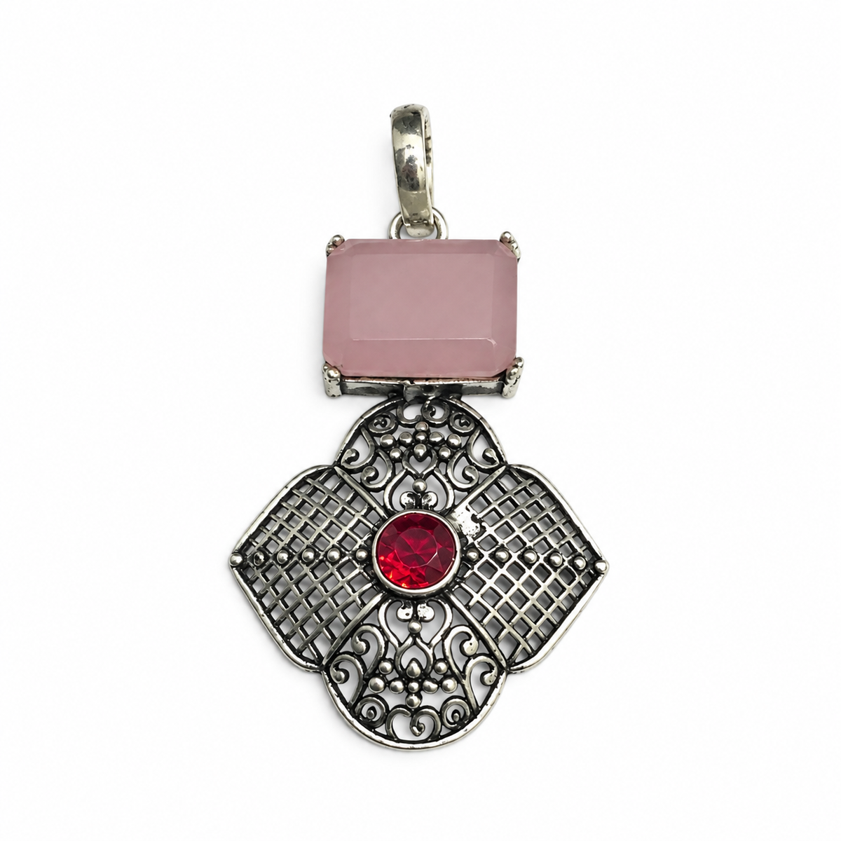 Rose Quartz Pendant Red Crystal Ornate Boho Silver Tone PEN473-SLV-LPQ-LGR02