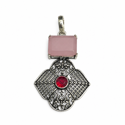 Rose Quartz Pendant Red Crystal Ornate Boho Silver Tone PEN473-SLV-LPQ-LGR02