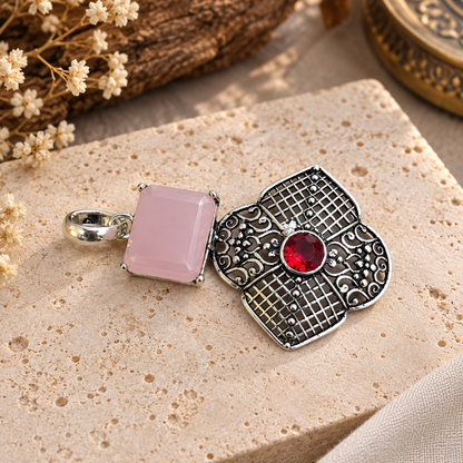 Rose Quartz Pendant Red Crystal Ornate Boho Silver Tone PEN473-SLV-LPQ-LGR02