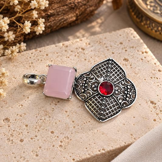 Rose Quartz Pendant Red Crystal Ornate Boho Silver Tone PEN473-SLV-LPQ-LGR02