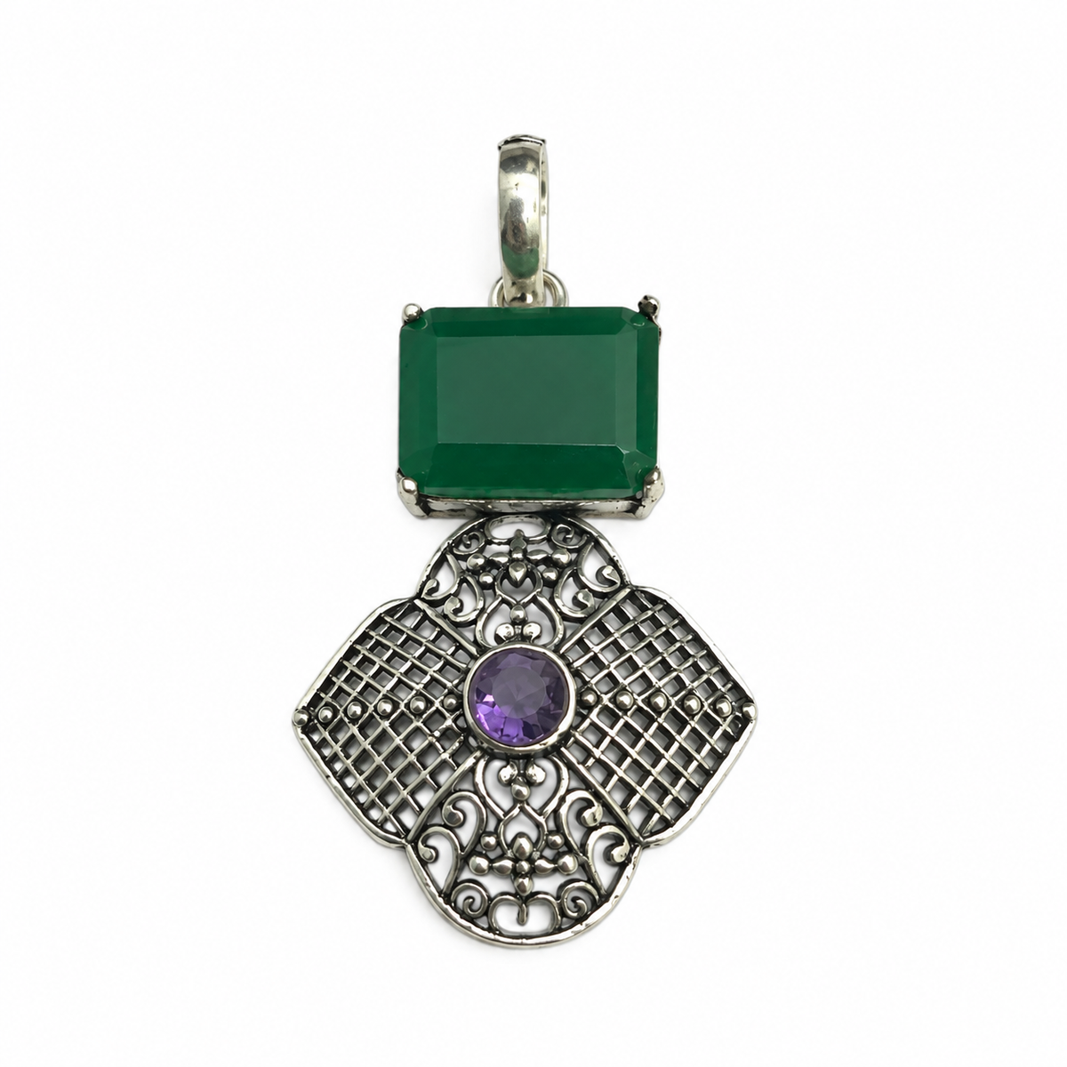 Green Quartz Amethyst Pendant Ornate Boho Silver Tone Jewelry PEN474-SLV-LCD-LAMT02