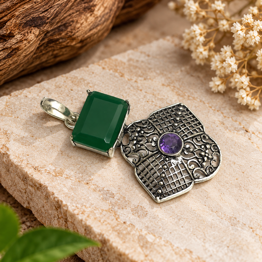 Green Quartz Amethyst Pendant Ornate Boho Silver Tone Jewelry PEN474-SLV-LCD-LAMT02