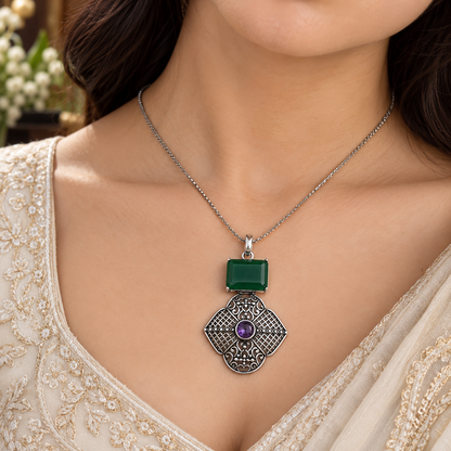 Green Quartz Amethyst Pendant Ornate Boho Silver Tone Jewelry PEN474-SLV-LCD-LAMT02