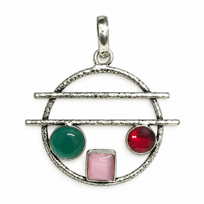 Multicolor Gemstone Pendant Boho Circle Silver Tone Jewelry PEN476-SLV-LMUL03