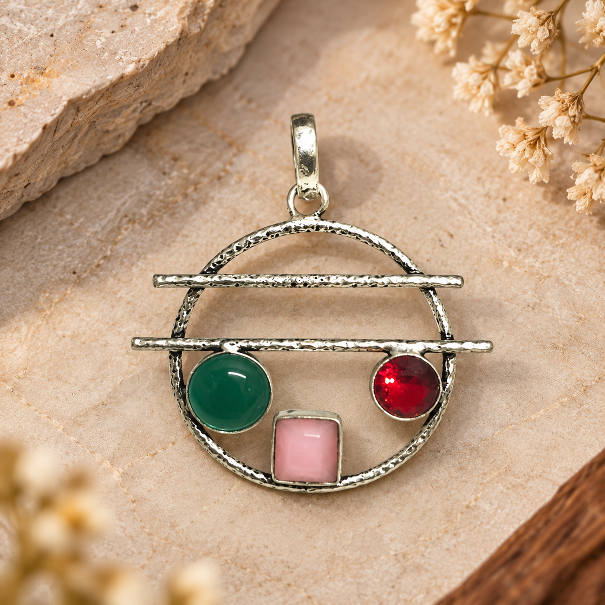 Multicolor Gemstone Pendant Boho Circle Silver Tone Jewelry PEN476-SLV-LMUL03