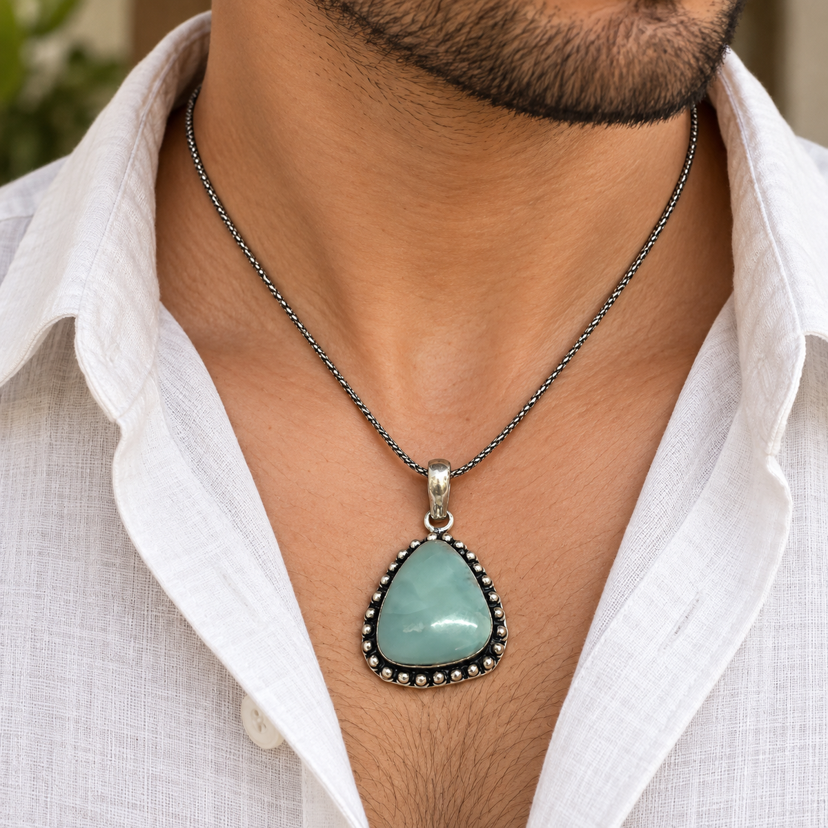 Natural Larimar Gemstone Pendant Boho Vintage Silver Tone Jewelry PEN479-SLV-NLAR01