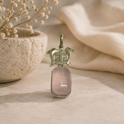 Rose Quartz Dolphin Turtle Pendant Pink Gemstone Boho Jewelry Gift PEN48-SLV-NRQ01