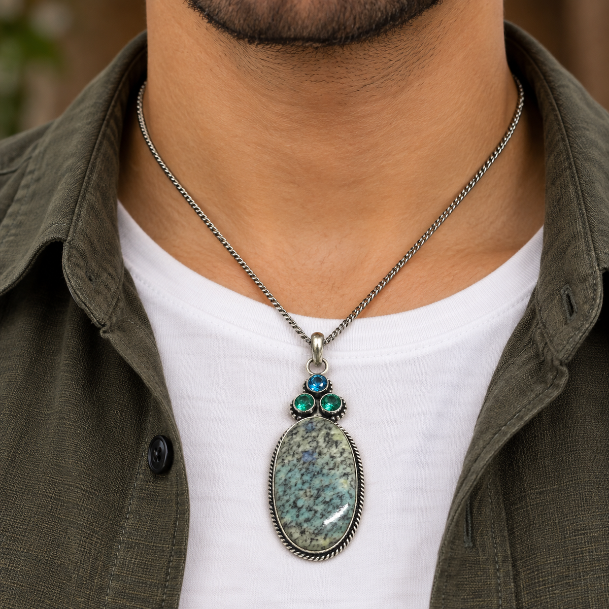 Kiwi Jasper Pendant, Green Gemstone Boho Statement Jewelry PEN482-SLV-LMUL-NKIJR04