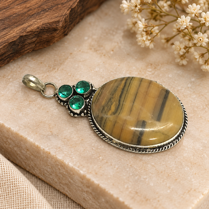 Jasper Pendant, Boho Gemstone Statement Jewelry PEN483-SLV-LCD-NJR04