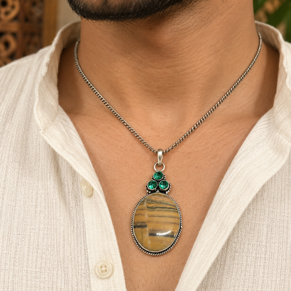 Jasper Pendant, Boho Gemstone Statement Jewelry PEN483-SLV-LCD-NJR04
