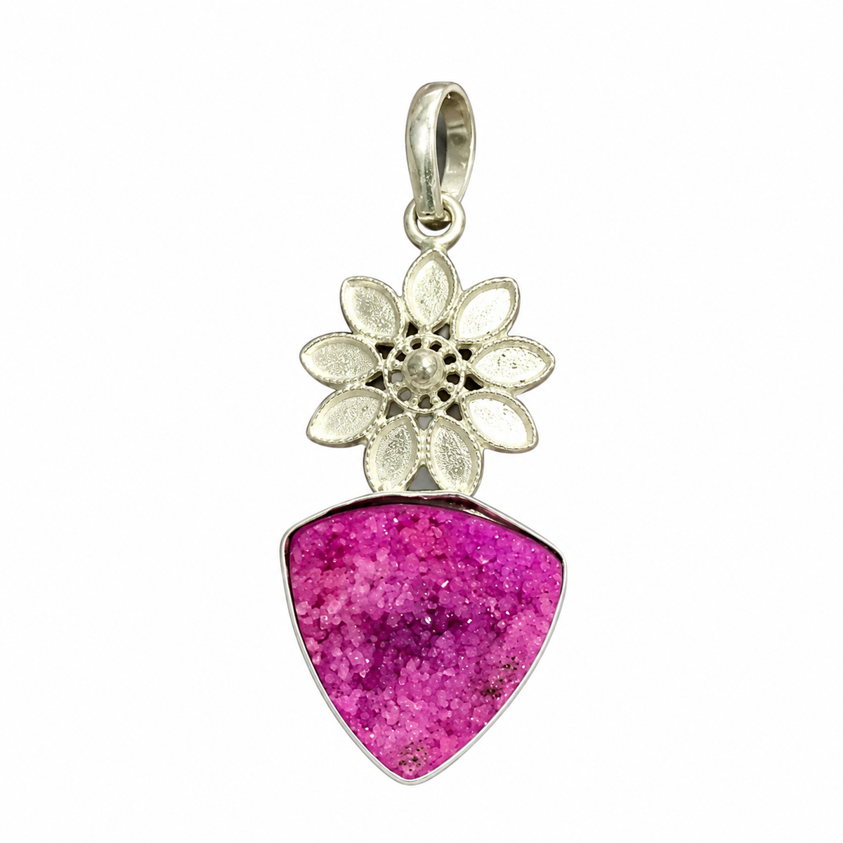 Pink Druzy Pendant, Boho Statement Gemstone Jewelry PEN484-SLV-NPIDY01