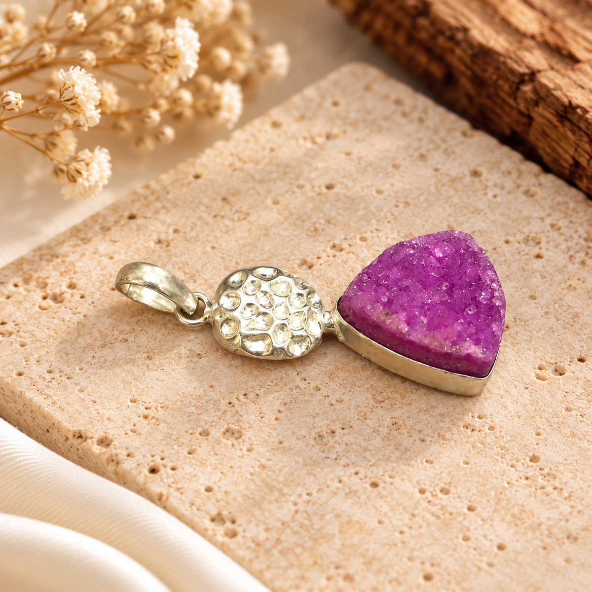 Pink Druzy Agate Pendant Statement Gemstone Jewelry PEN485-SLV-NPIDY01