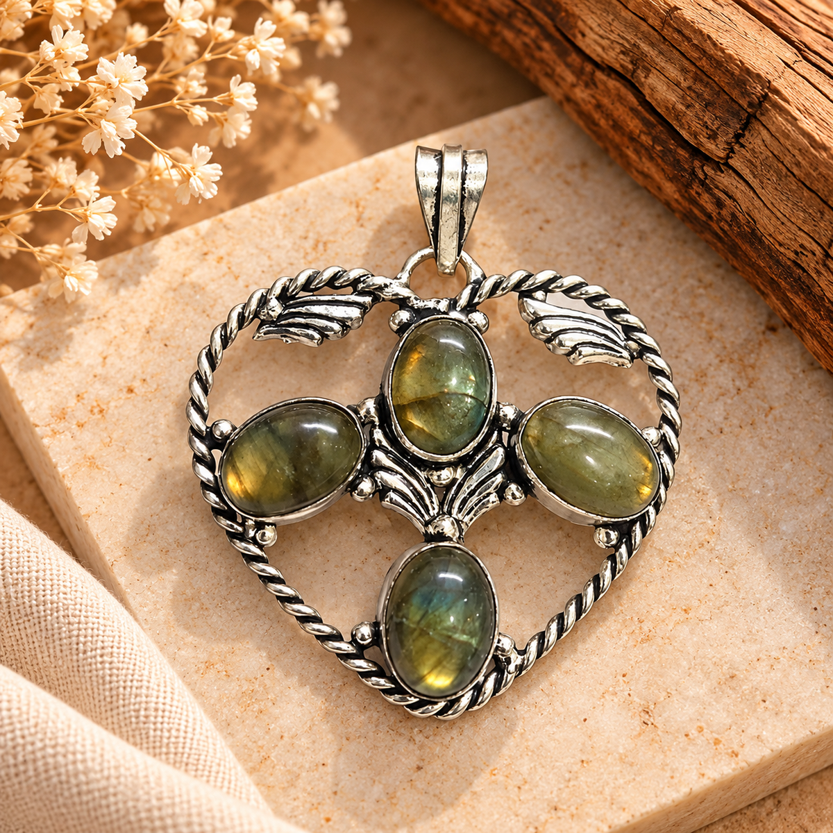 Labradorite Pendant, Green Flash Boho Statement Gemstone PEN486-SLV-NLBD04