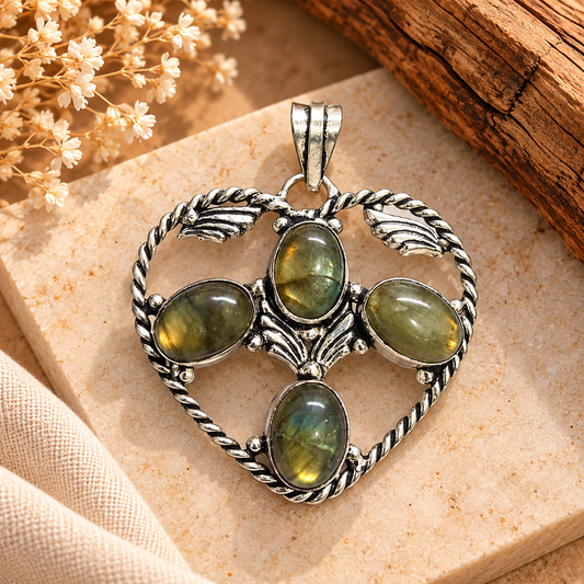 Labradorite Pendant, Green Flash Boho Statement Gemstone PEN486-SLV-NLBD04