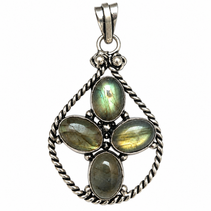 Labradorite Pendant, Green Flash Statement Gemstone PEN487-SLV-NLBD04
