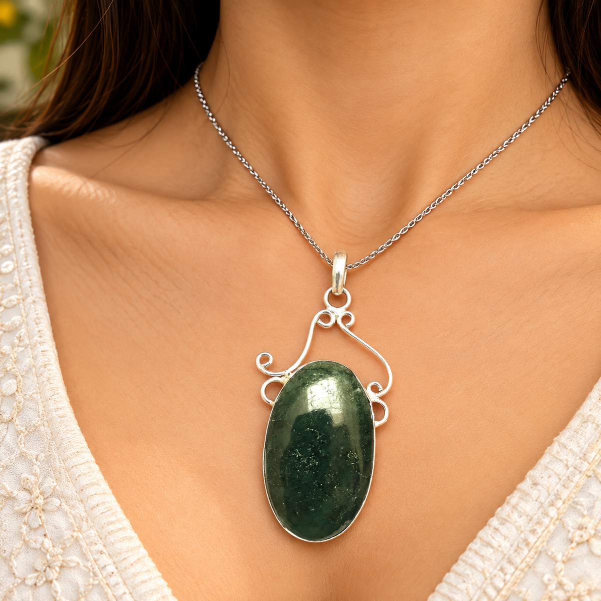 Moss Agate Pendant Green Gemstone Silver Tone Jewelry PEN488-SLV-NAMG01