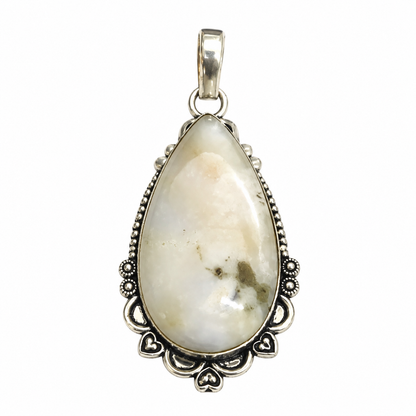 White Dendritic Opal Pendant, Boho Natural Gemstone Jewelry PEN489-SLV-NDOPL01