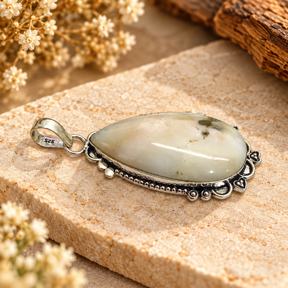 White Dendritic Opal Pendant, Boho Natural Gemstone Jewelry PEN489-SLV-NDOPL01