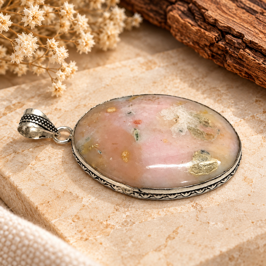 Pink Opal Pendant, Natural Gemstone Boho Statement Jewelry PEN490-SLV-NPOPL01