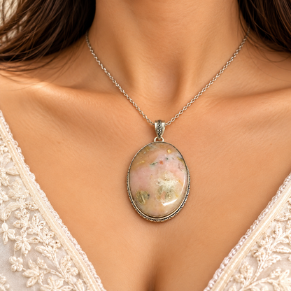 Pink Opal Pendant, Natural Gemstone Boho Statement Jewelry PEN490-SLV-NPOPL01