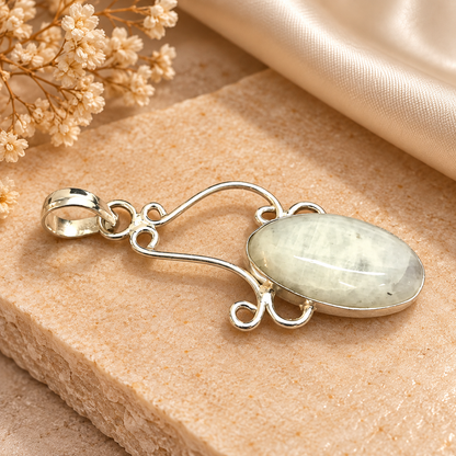 White Moonstone Pendant, Boho Natural Gemstone Statement PEN491-SLV-NMS01