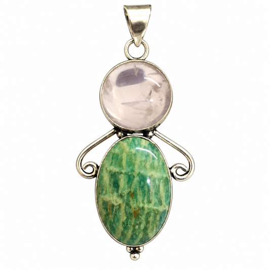 Amazonite Rose Quartz Pendant, Boho Natural Gemstone Jewelry PEN492-SLV-NRQ-NAMZ02