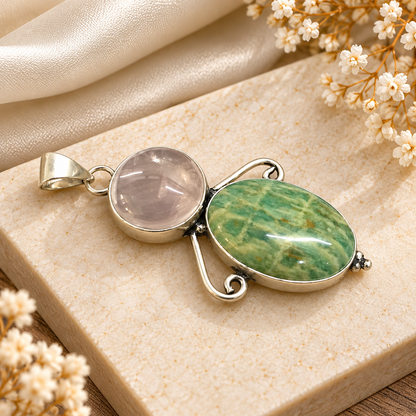 Amazonite Rose Quartz Pendant, Boho Natural Gemstone Jewelry PEN492-SLV-NRQ-NAMZ02