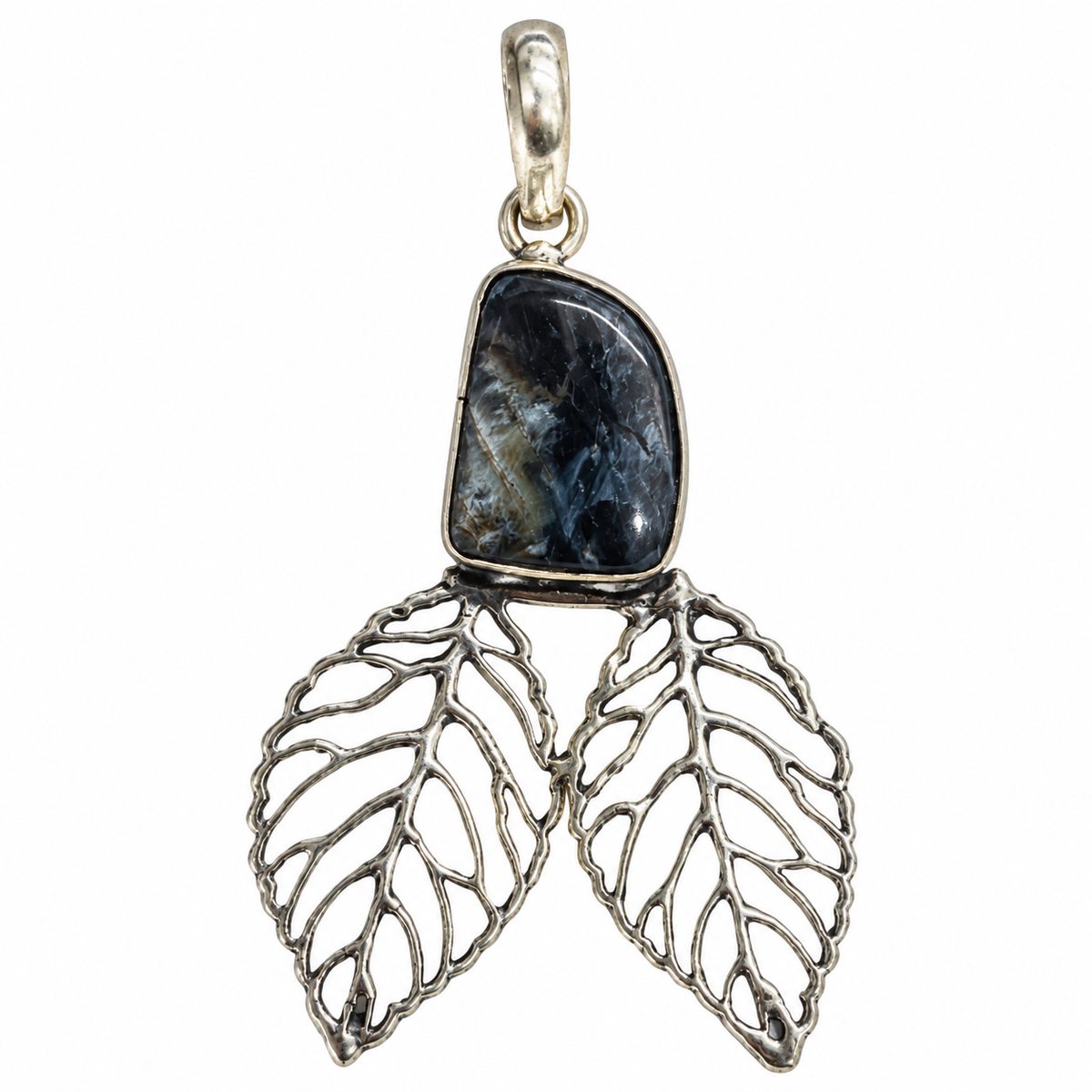 Pietersite Pendant, Natural Gemstone Leaf Boho Statement PEN493-SLV-NPT01