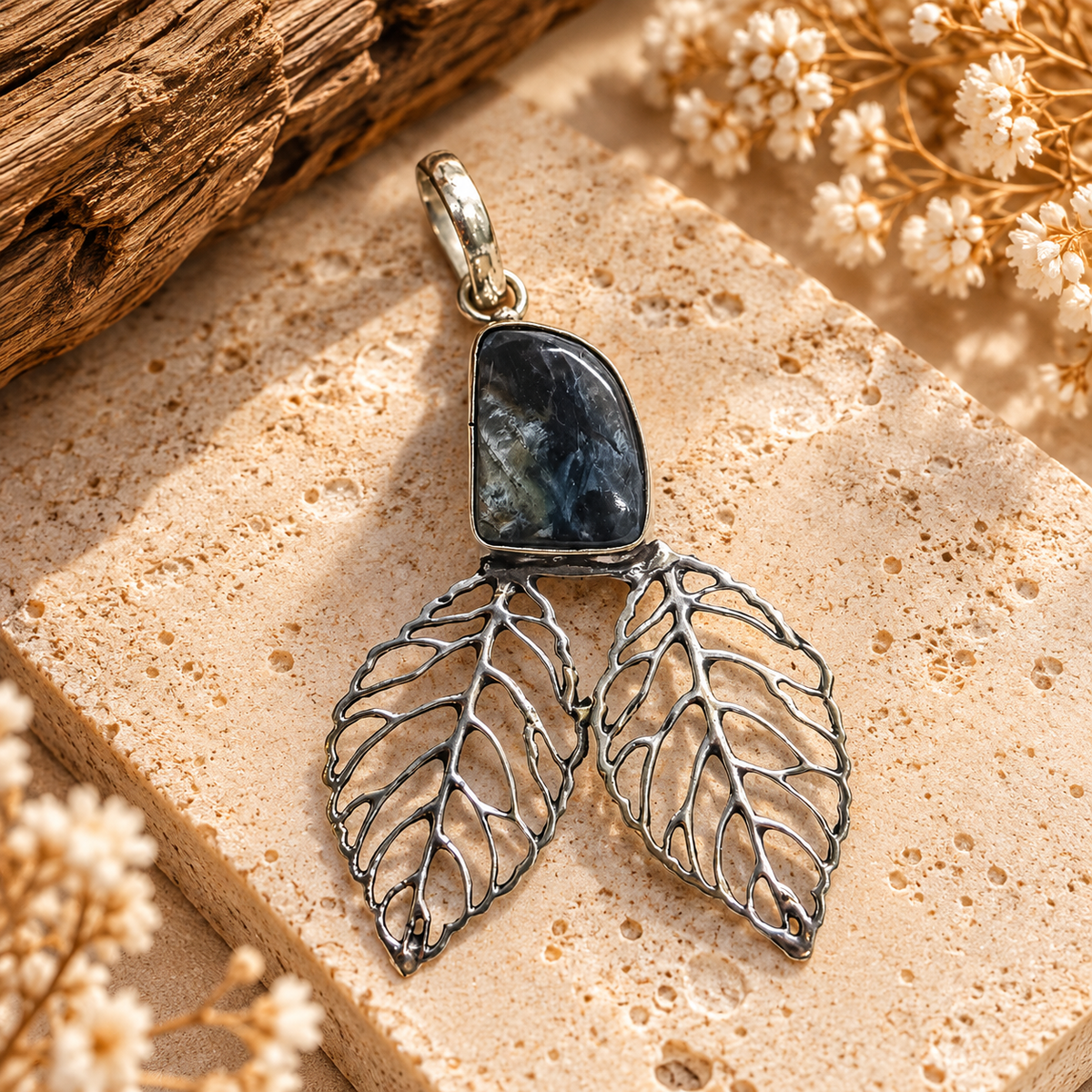 Pietersite Pendant, Natural Gemstone Leaf Boho Statement PEN493-SLV-NPT01