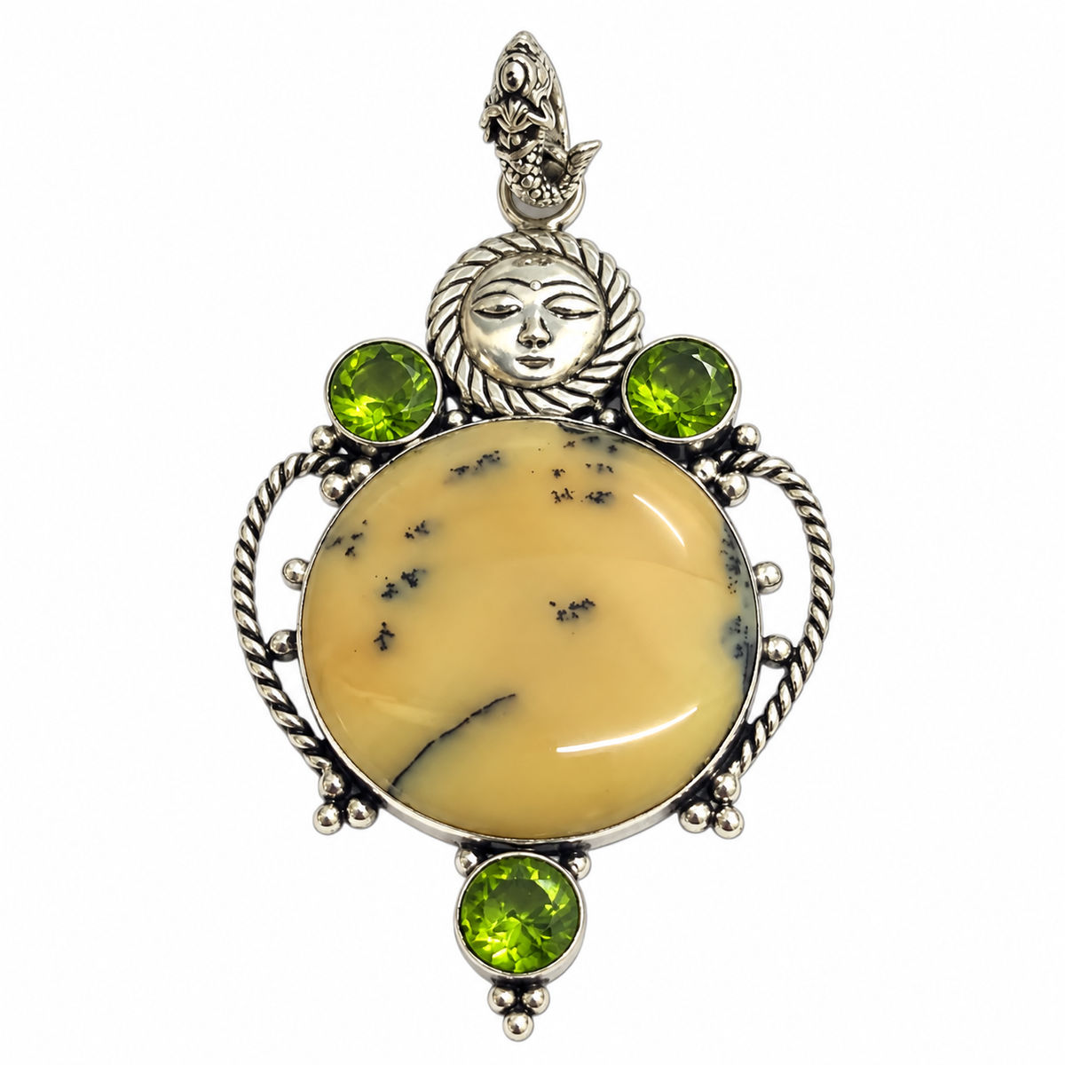 Yellow Dendritic Agate Pendant, Boho Gemstone Statement PEN495-SLV-LPD-NDAG04